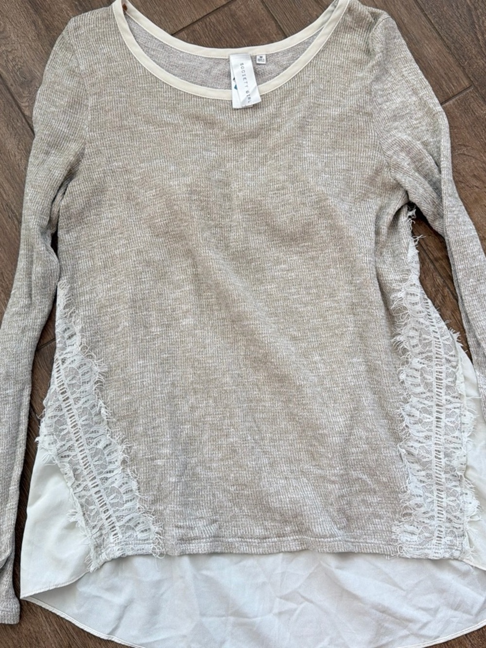 Worthington Beige Lace-Trim Long Sleeve Top